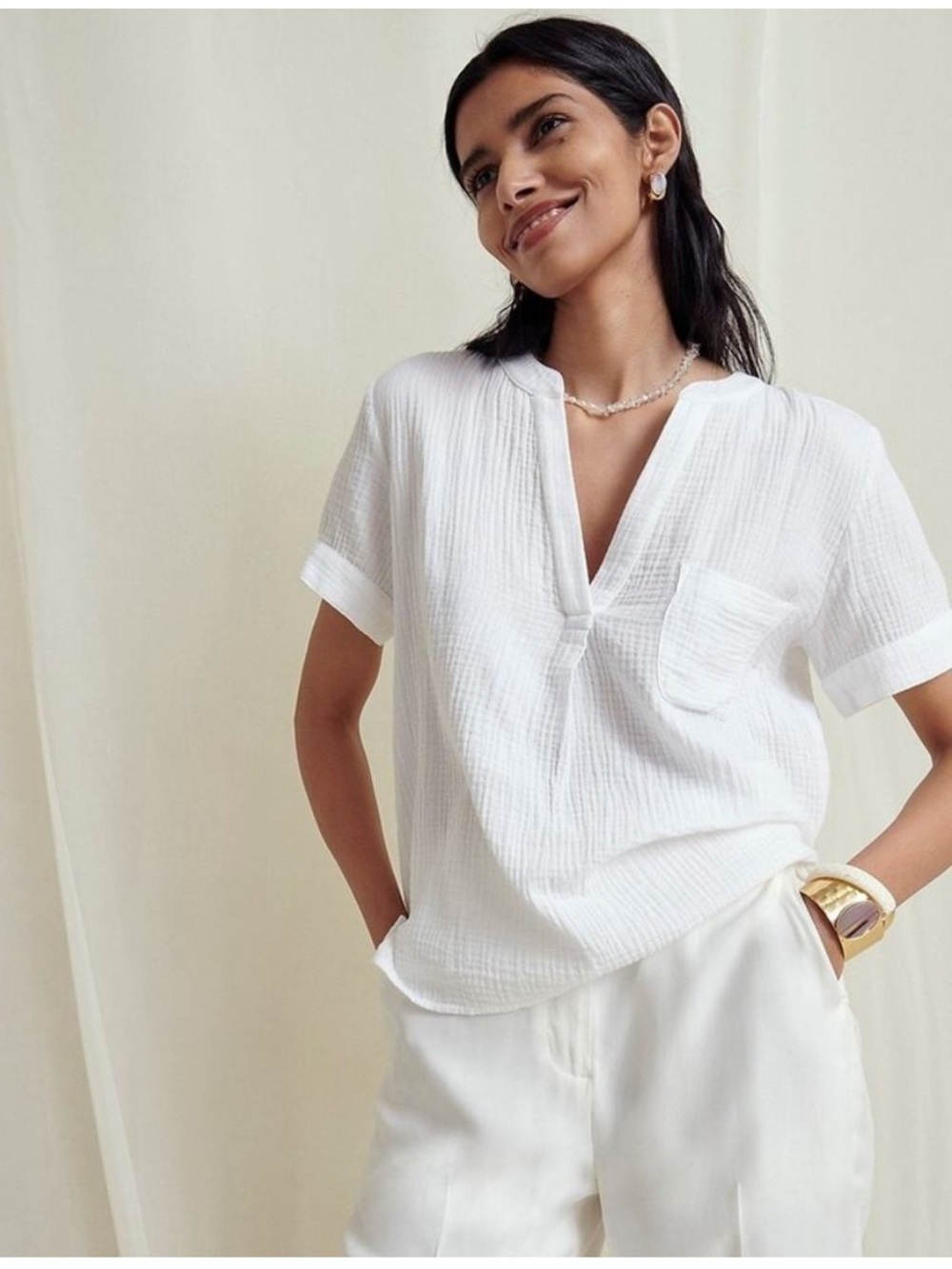 J. CREW V-neck 100% cotton double-gauze short sleeve popover WHITE (XL) EUC $89